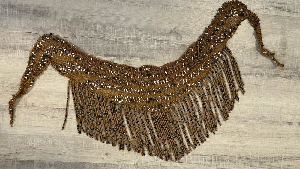 VTG Long Fringe Beaded Bib Scarf Crocheted Macrame Belly Dance Hip Belt Western